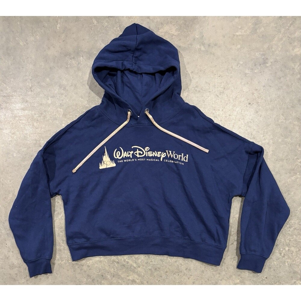 Disney World Womens S Navy Cropped Hoodie Gold Logo 50th Anniversary Sweatshirt